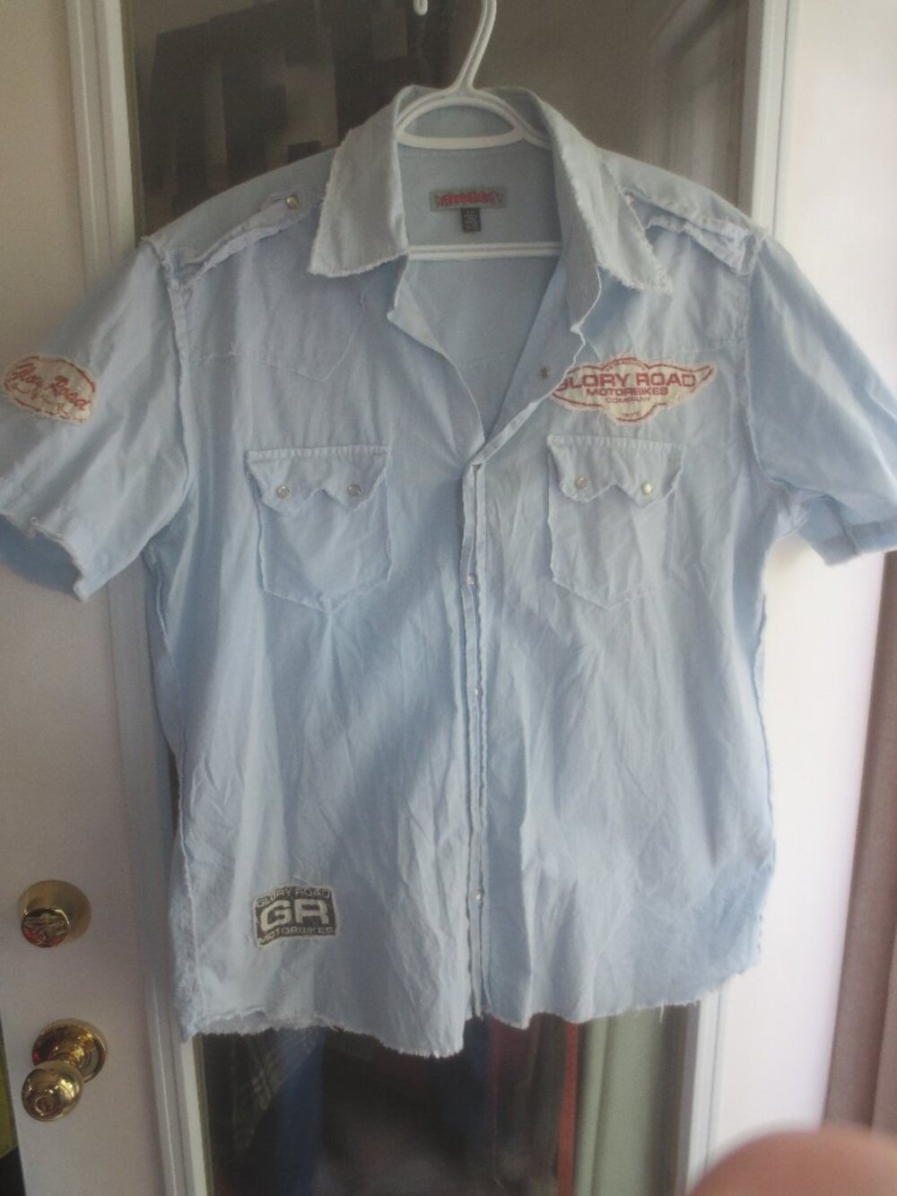 Distressed Reversed Stitching Short Sleeve Cotton Denim Shirt by Red Squad